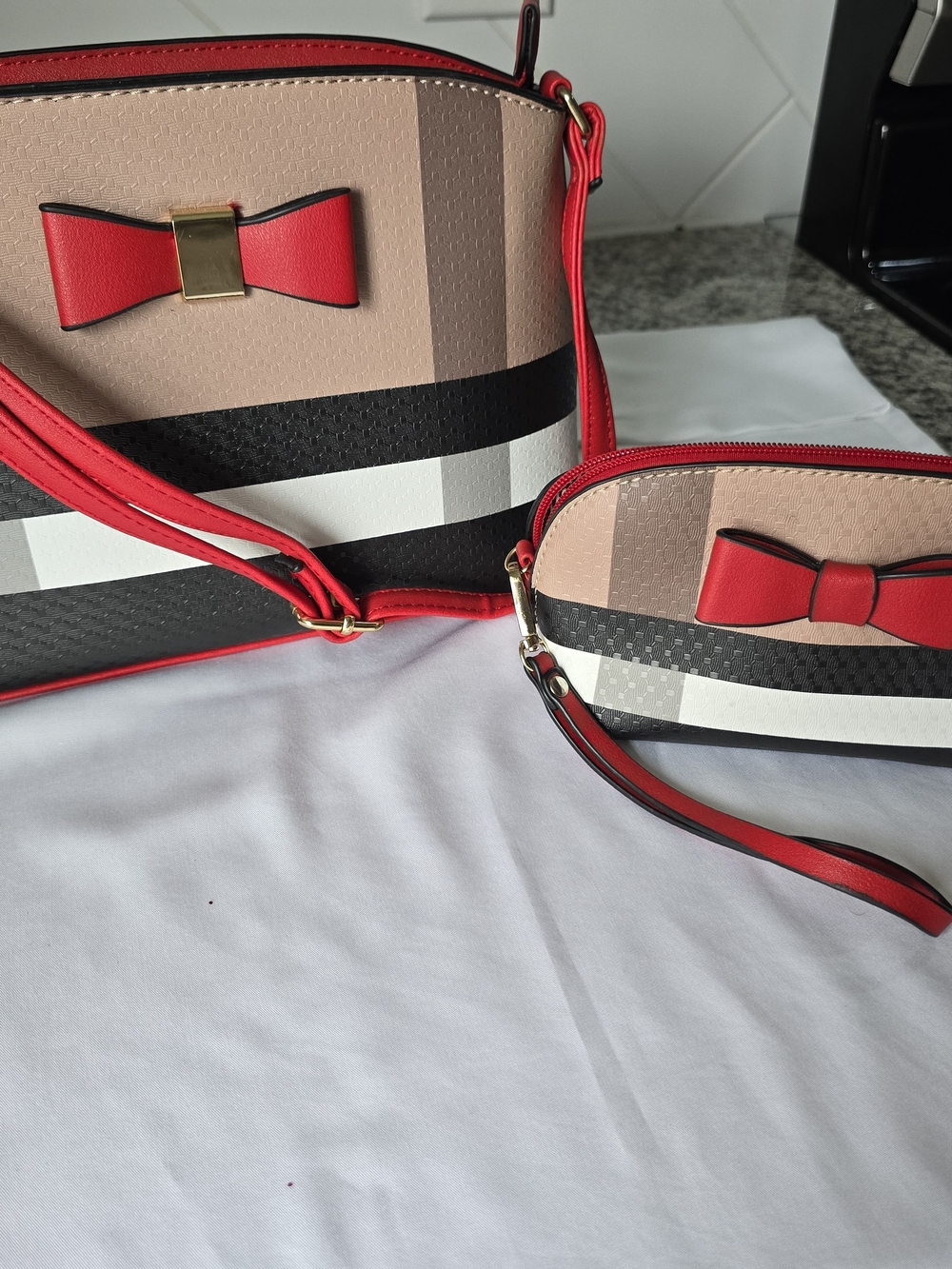 Boutique Plaid Stripe Crossbody Bag & Wristlet Pouch Set - NWT Red Bow